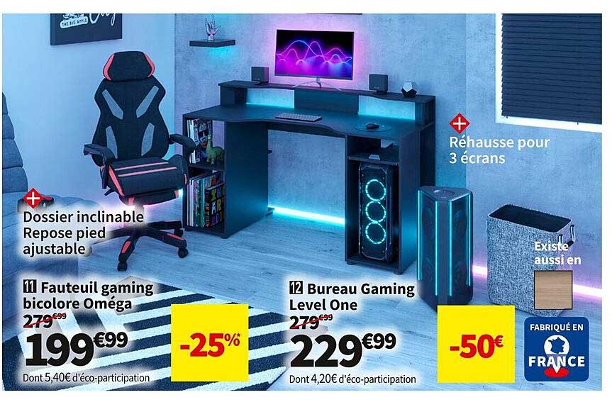 fauteuil gaming bicolore oméga, bureau gaming level one