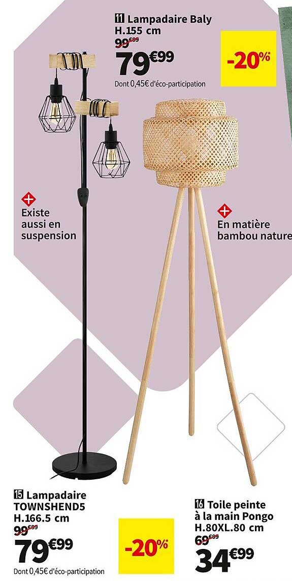 lampadaire baly h. 155 cm, lampadaire townshend5 h. 166.5 cm, toile peinte à la main pongo h. 50 x l. 80 cm