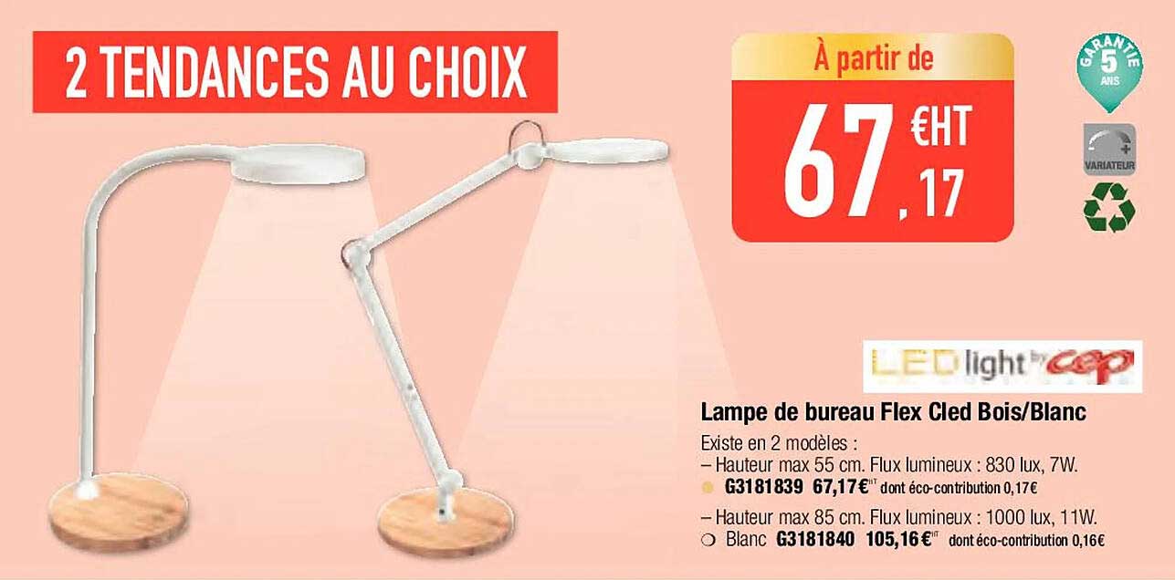 lampe de bureaux flex cled bois/blanc ledlight