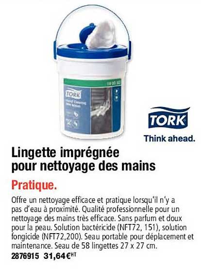lingette imprégnée pour nettoyage des mains tork