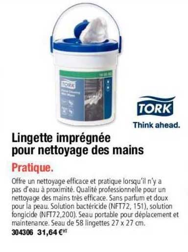 lingette imprégnée pour nettoyage des mains tork