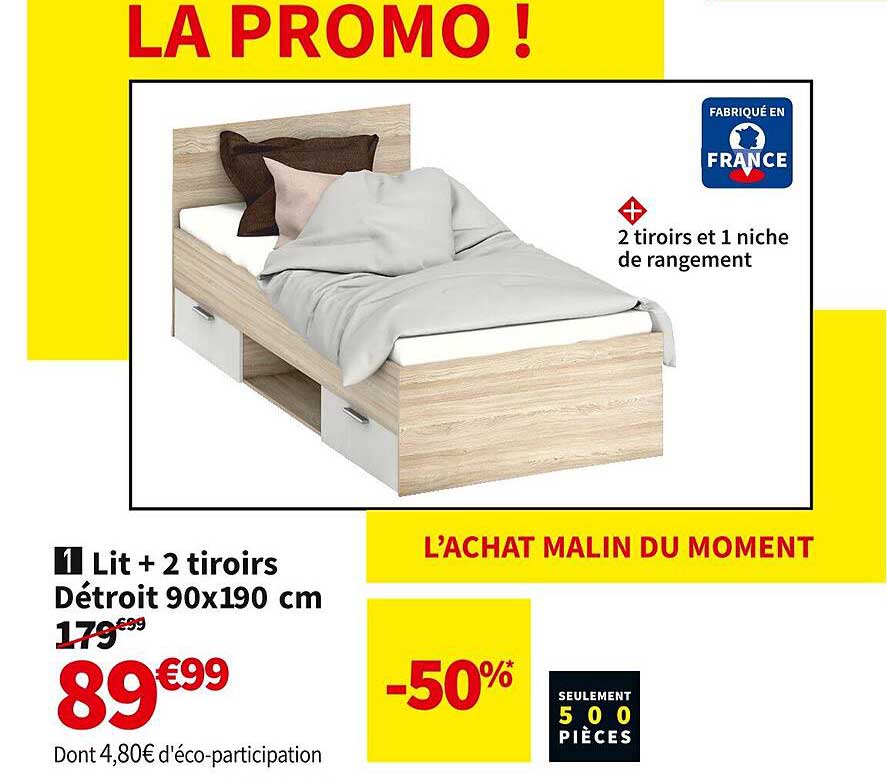 Lit + 2 Tiroirs Détroit 90 X 190 Cm