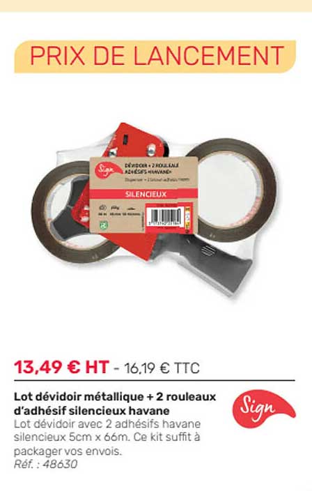 lot dévidoir métallique + 2 rouleaux d'adhésif silencieux havane sign