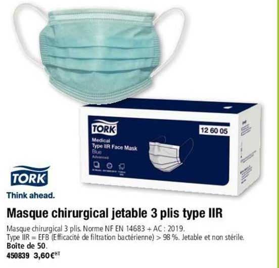 masque chirurgical jetable 3 plis type iir tork