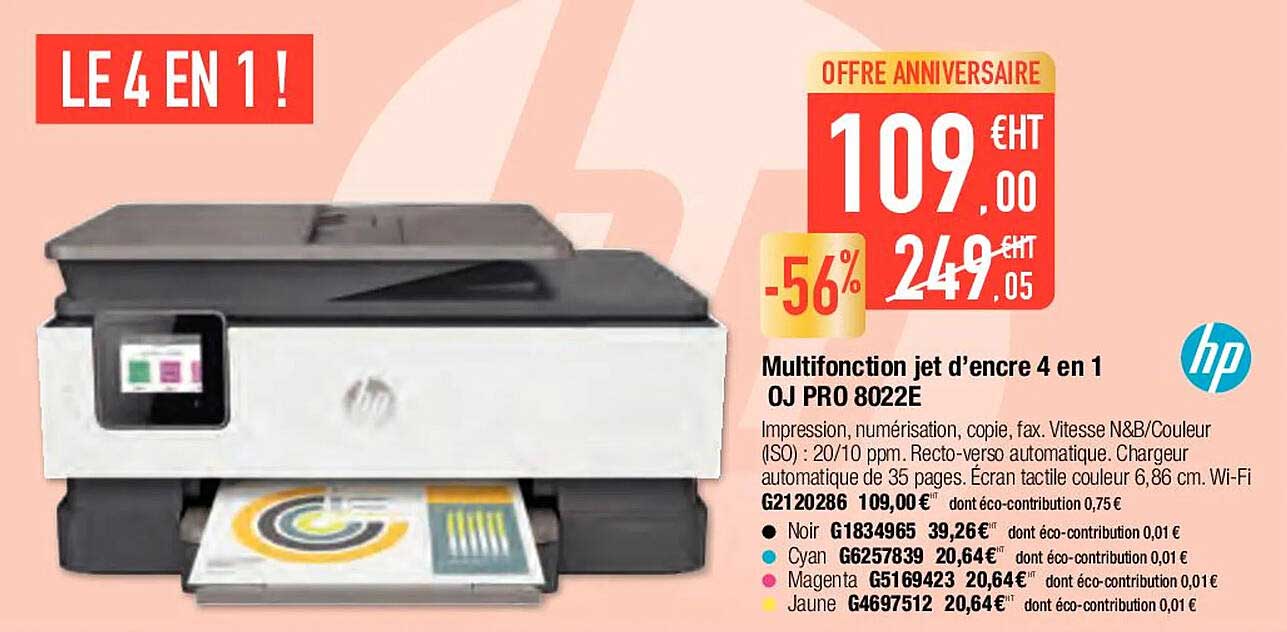 multifonction jet d'encre 4 en 1 oj pro 8022e hp