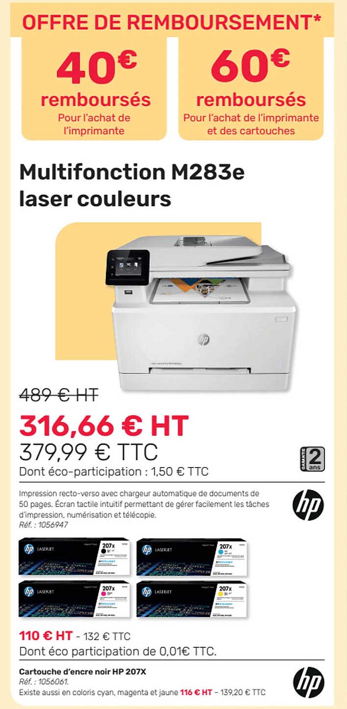 multifonction m283e laser couleurs hp, cartouche d'encre noir hp 207x
