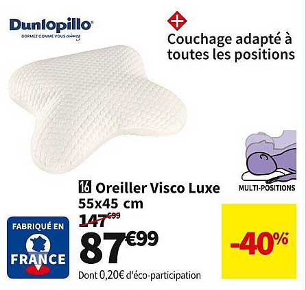oreiller visco luxe 55 x 45 cm dunlopillo