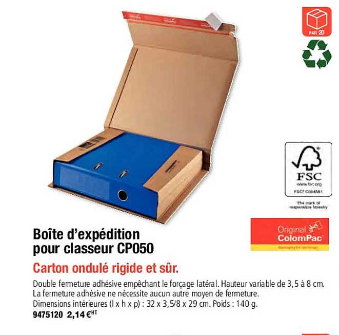 original colompac boîte d'expédition pour classeur cp050