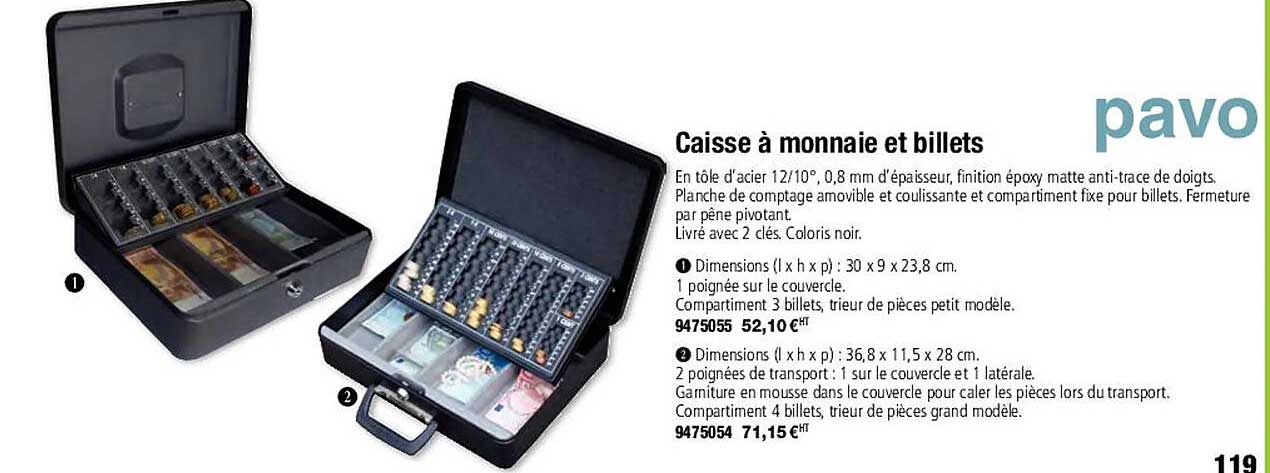 pavo caisse à monnaie et billets