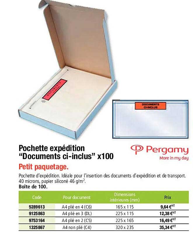 pergamy pochette expédition "documents ci-inclus" x100