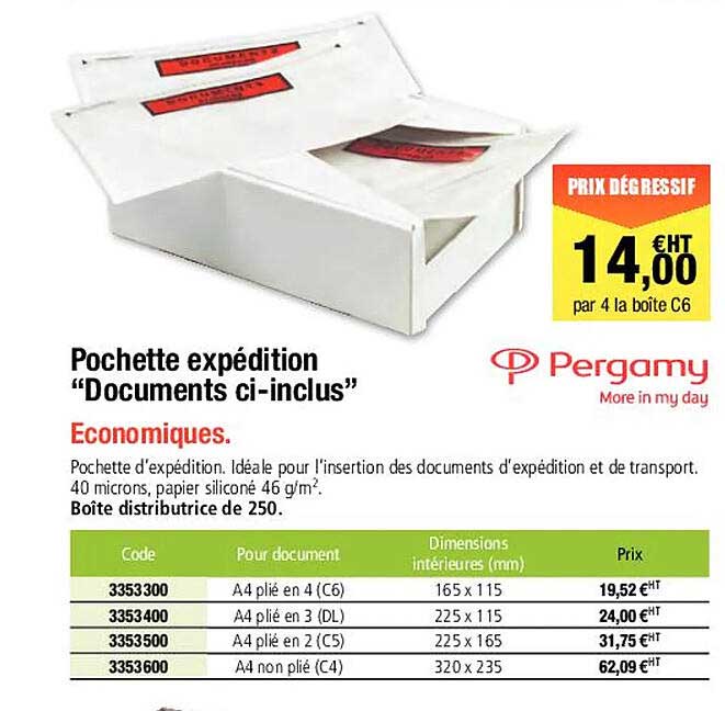 pergamy pochette expédition "documents ci-inclus"