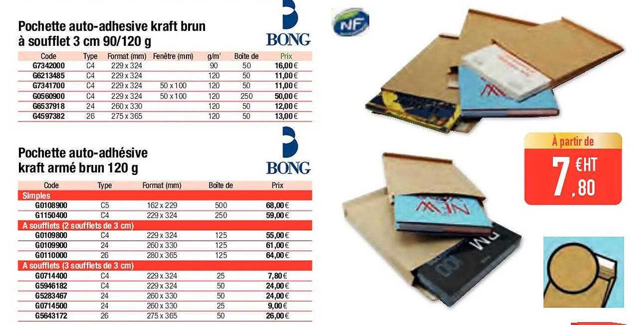 pochette auto-adhésive kraft brun à soufflet 3 cm 90/120 g, pochette auto-adhésive kraft armé brun 120 g