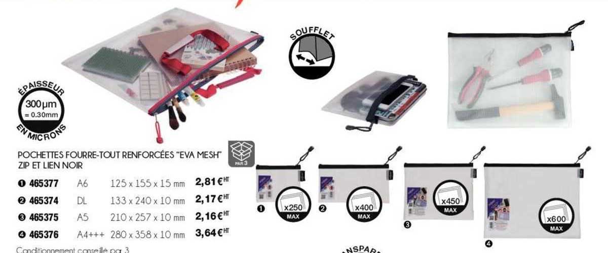 pochettes fourre-tout renforcées "eva mesh" zip et lien noir