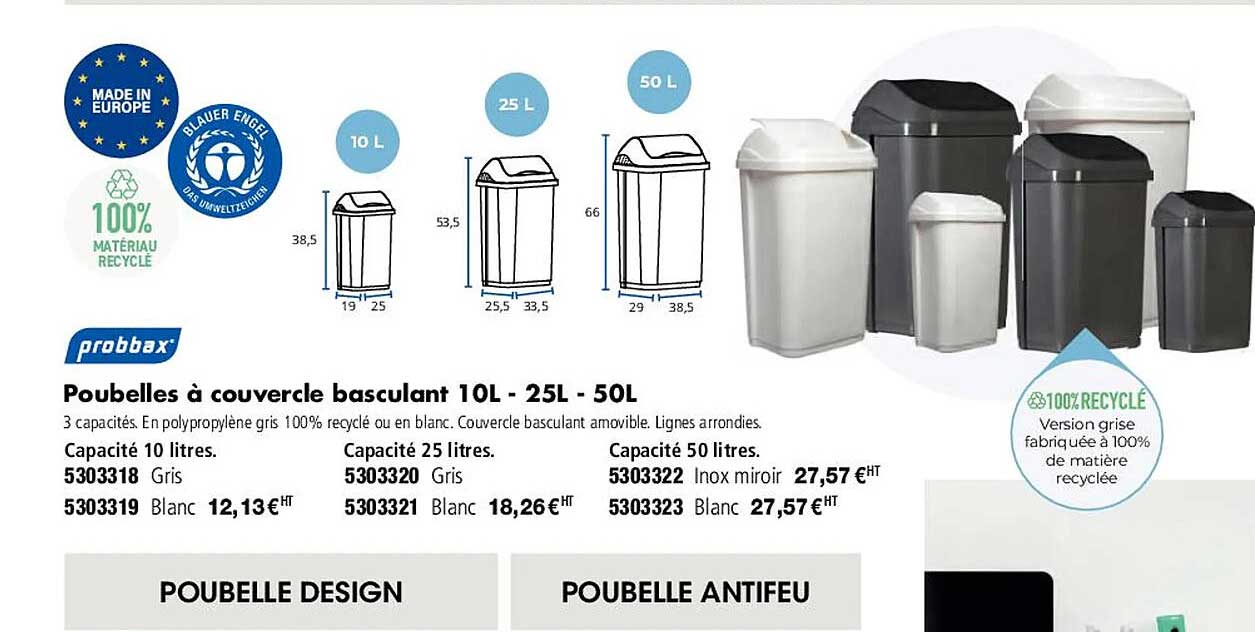 poubelles à couvercle basculant 10 l - 25 l - 50 l probbax