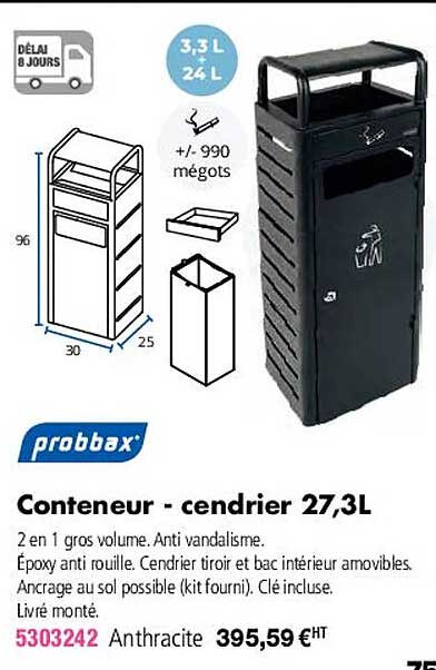 probbax conteneur - cendrier 27.3l