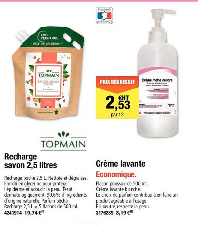 recharge savon 2,5 litres topmain, crème lavante