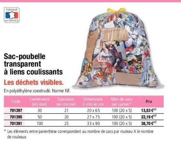 sac-poubelle transparent à liens coulissants