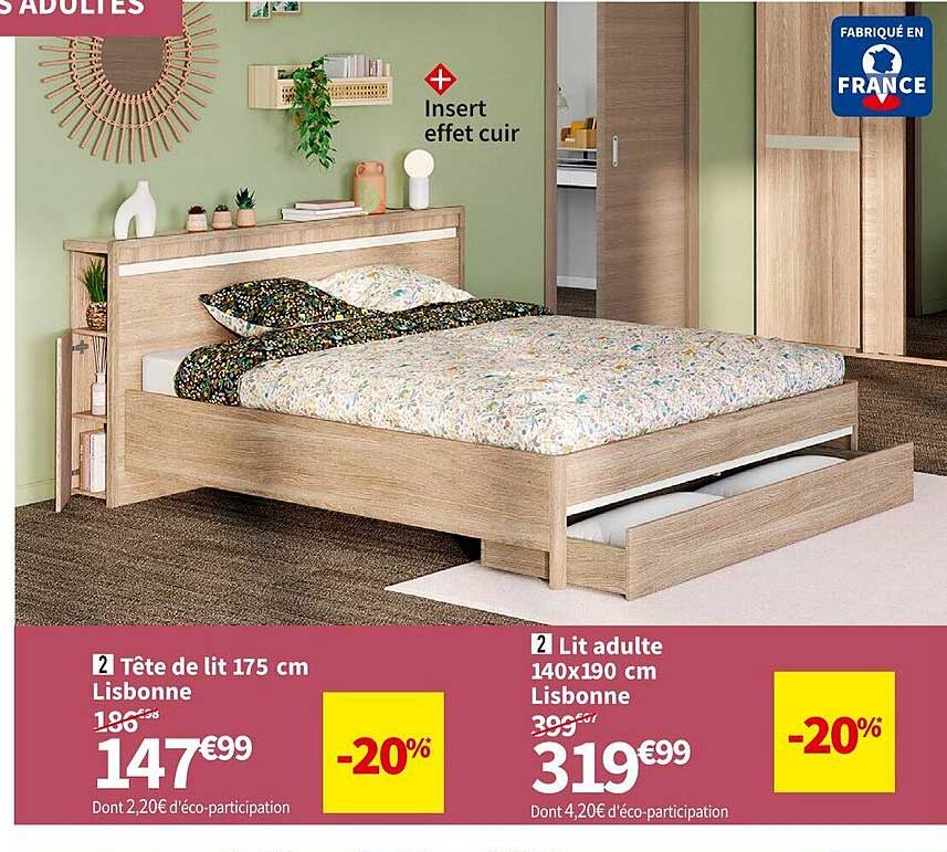 tête de lit 175 cm lisbonne, lit adulte 140 x 190 cm lisbonne