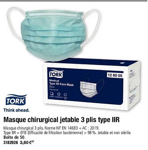 tork masque chirurgical jetable 3 plis type IIR