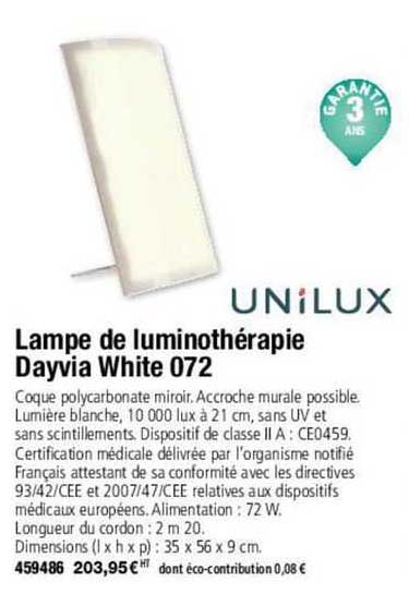unilux lampe de luminothérapie dayvia white 072