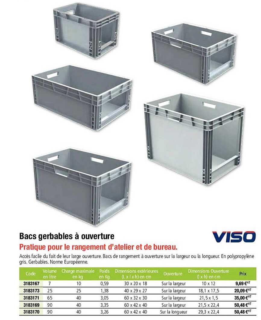 viso bacs gerbables à ouverture pratique pour le rangement d'atelier et de bureau