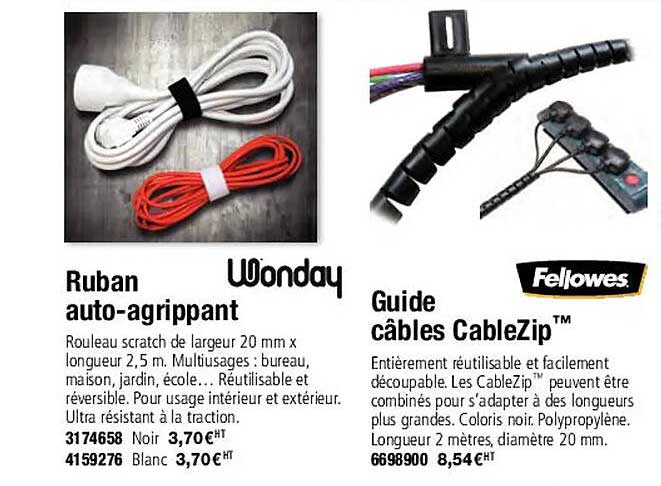 wonday ruban auto-agrippant ou fellowes guide câbles cablezip