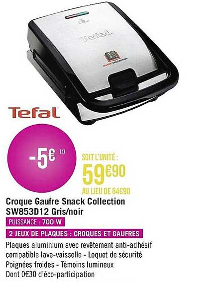 croque gaufre snack collection sw853d12 gris-noir tefal