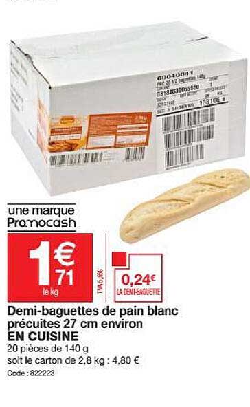 demi-baguettes de pain blanc précuites 27 cm environ en cuisine