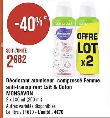 déodorant atomiseur compressé femme anti-transpirant lait & coton monsavon