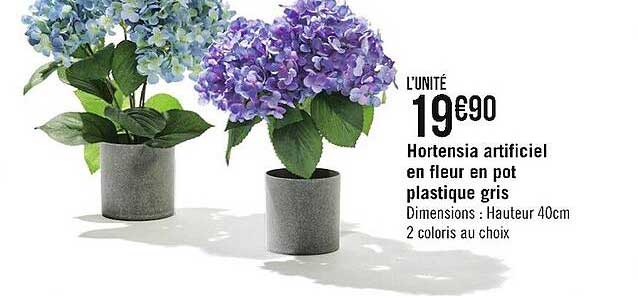 hortensia artificiel en fleur en pot plastique gris