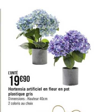 hortensia artificiel en fleur en pot plastique gris