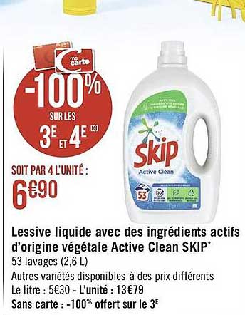 lessive liquide avec des ingrédients actifs d'origine végétale active clean skip