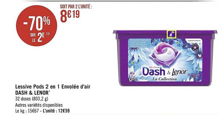 lessive pods 2 en 1 envolée d'air dash & lenor