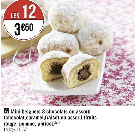 mini beignets 3 chocolats ou assorti (chocolat, caramel, fraise) ou assorti (fruits rouge, pomme, abricot)