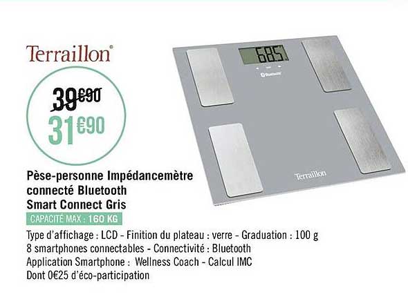 pèse-personne impédancemètre connecté bluetooth smart connect gris terraillon