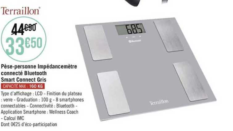 pèse-personne impédancemètre connecté bluetooth smart connect gris terraillon