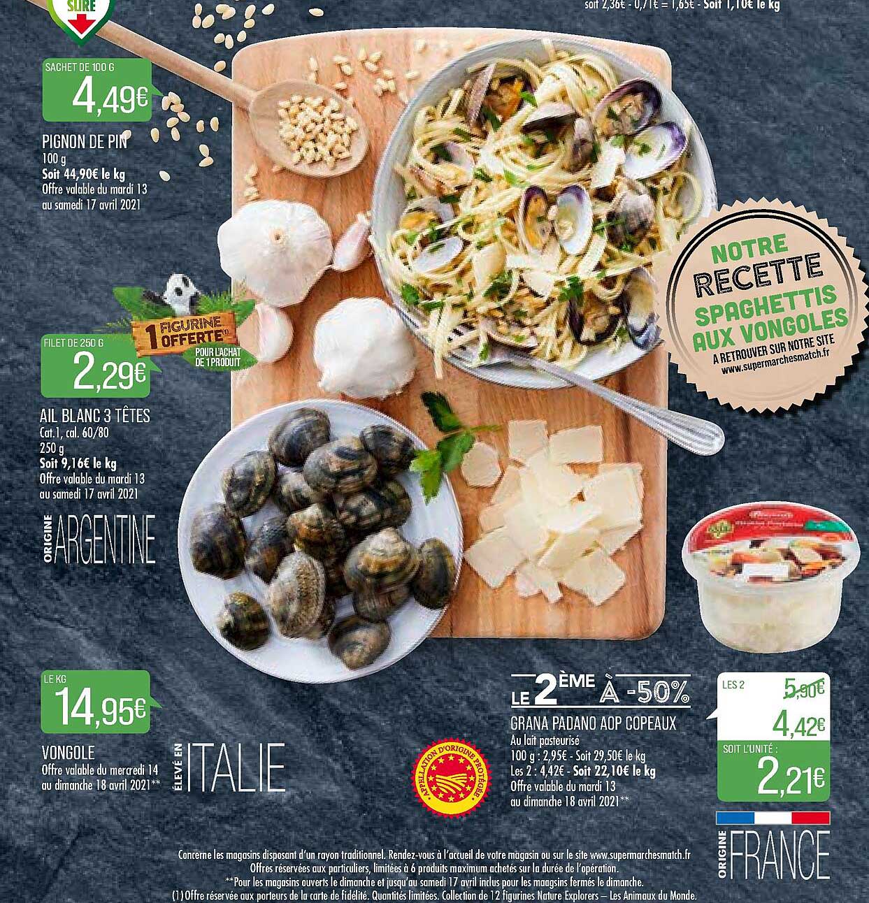 pignon de pin, ail blanc 3 têtes, vongole, grana padano aop copeaux