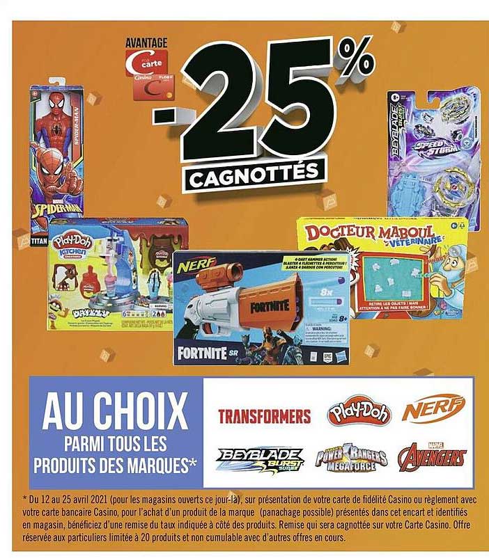 produits de la marques transformers, play-doh, nerf, beyblade, power rangers ,avengers