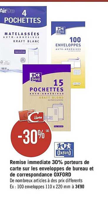 remise immediate 30% porteurs de carte sur les enveloppes de bureau et de correspondance oxford