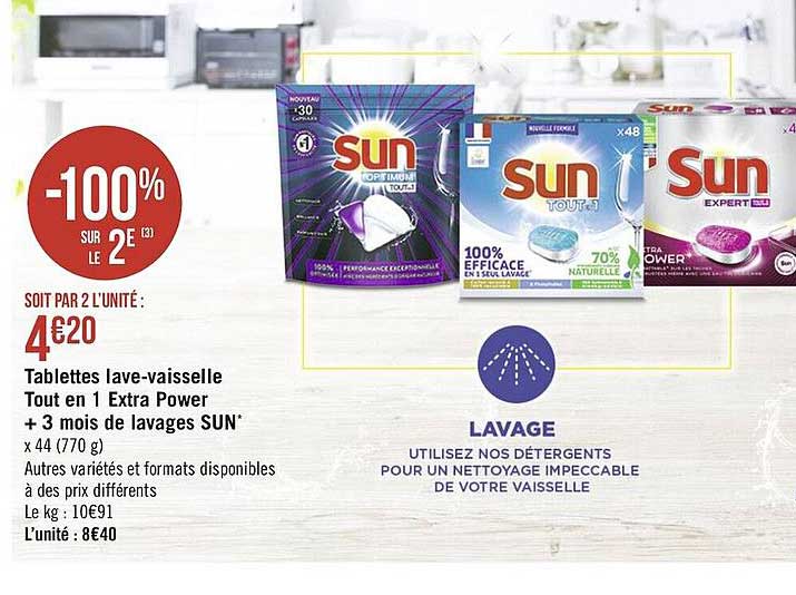tablettes lave-vaisselle tout en 1 extra power + 3 mois de lavages sun