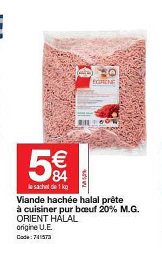 viande hachée halal prête à cuisiner pur bœuf 20% m.g. orient halal