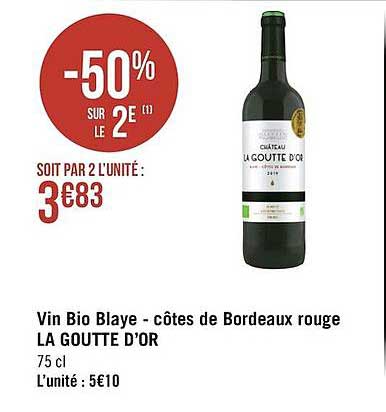 vin bio blaye - côtes de bordeaux rouge la goutte d'or
