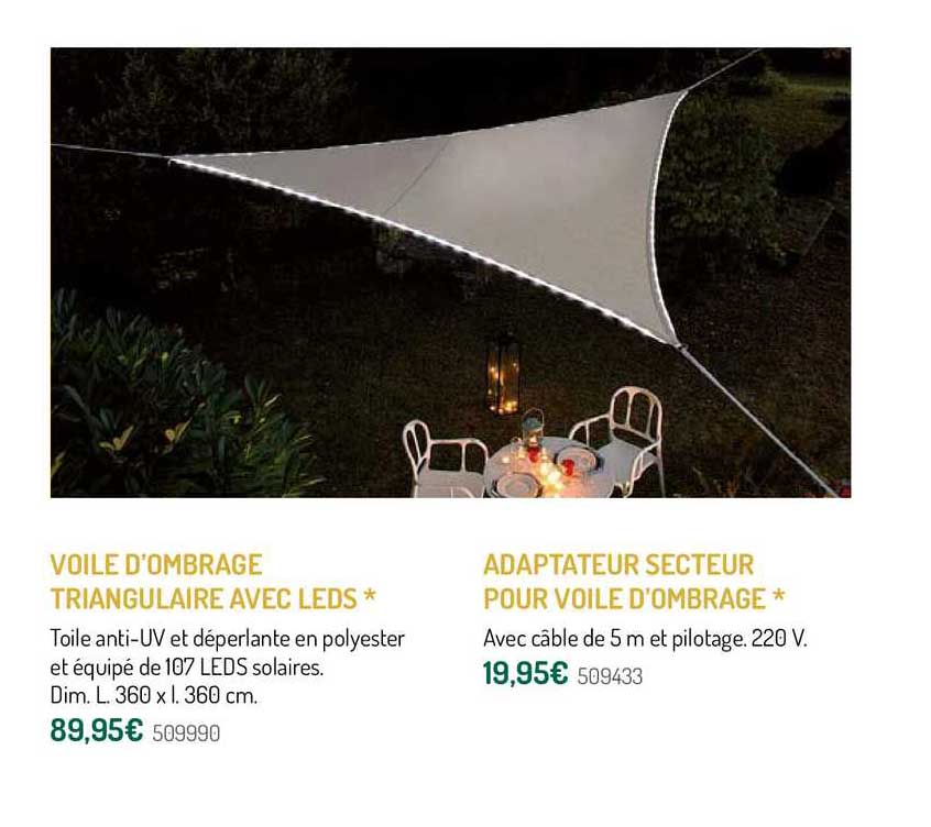voile d'ombrage triangulaire aec leds, adaptateur secteur pour voile d'ombrage