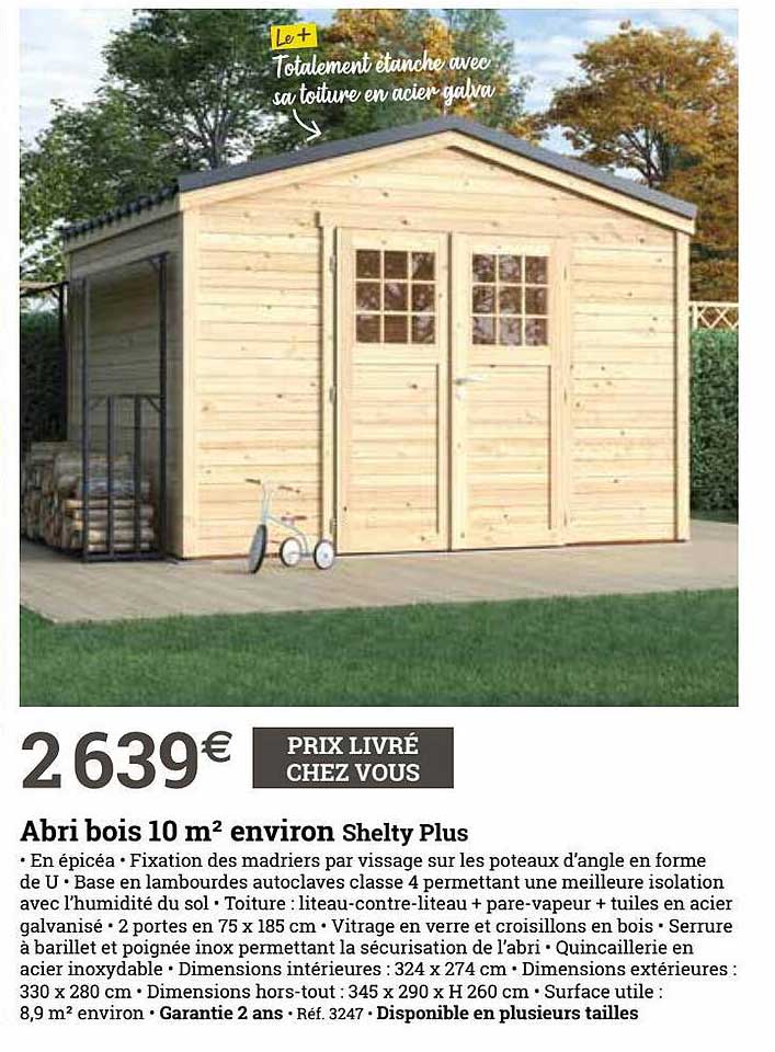 abri bois 10 m2 environ shelly plus