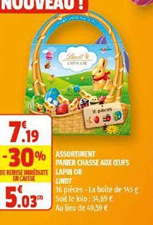 assortiment panier chasse aux oeufs lapin or lindt