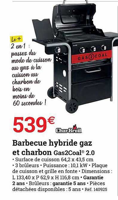 barbecue hybride gaz et charbon gas2coal 2.0 char-broil