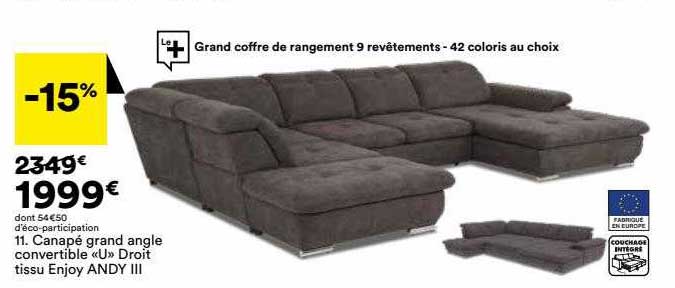 canapé grand angle convertible "u" droit tissu enjoy andy III