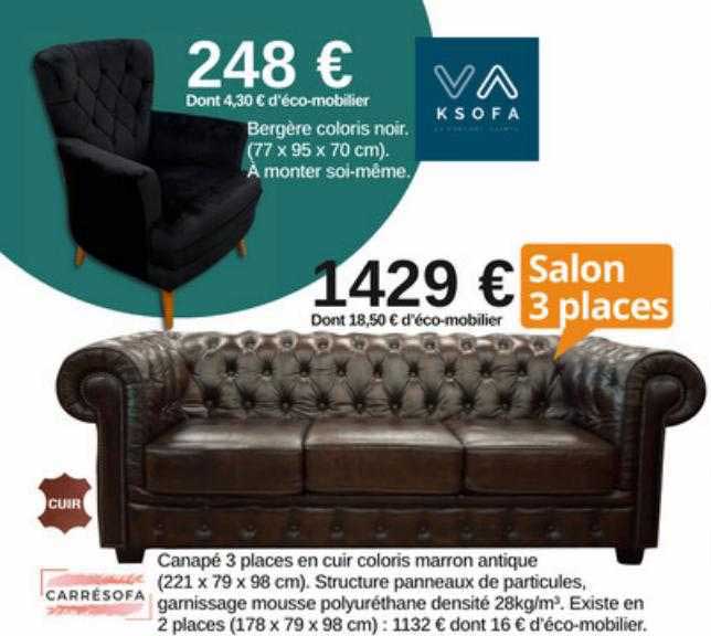 canpé 3 places en cuir coloris marron antique carrésofa