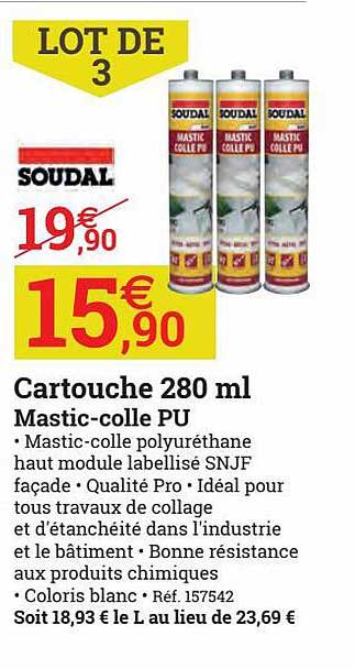 cartouche 280 ml mastic-colle pu soudal