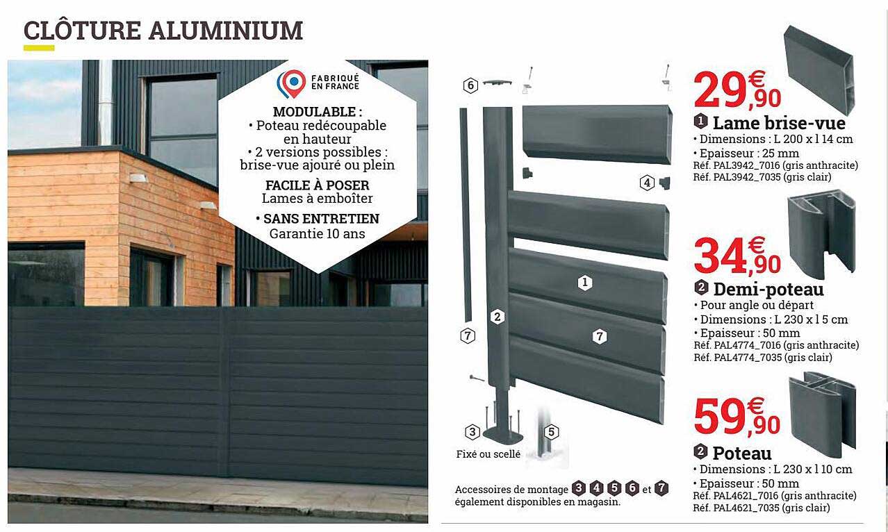 clôture aluminium lame brise-vue demi-poteau poteau